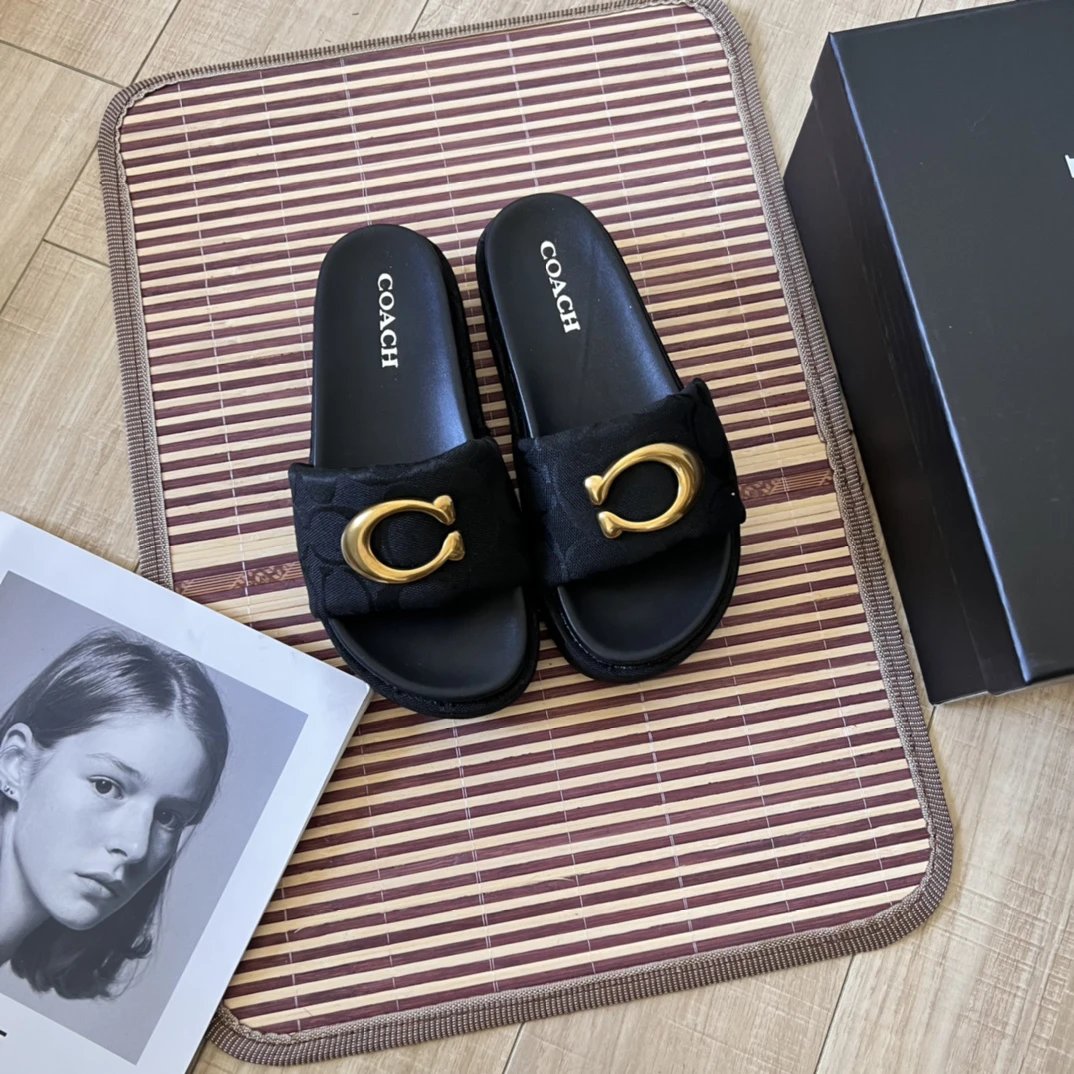 Coach Women’s Black Slide Sandals Gold C Logo Flats