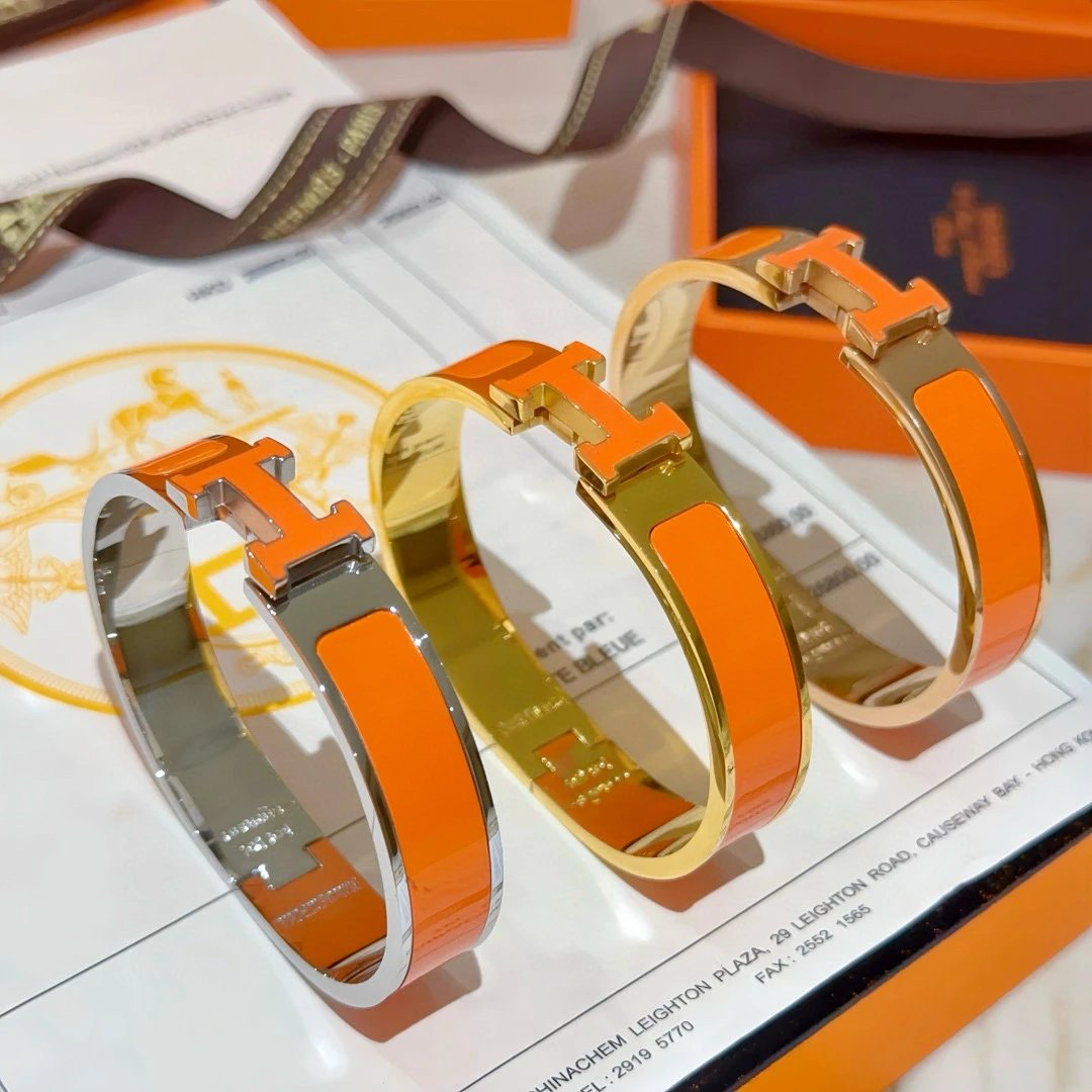 Hermes H Bracelet Orange Enamel Gold Silver Women Jewelry