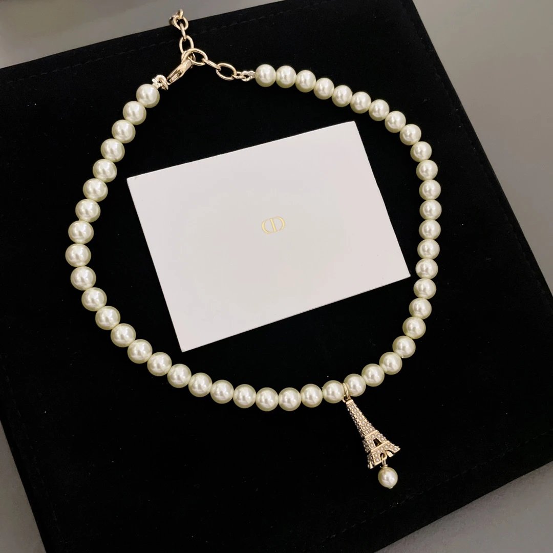 Dior Pearl Necklace Eiffel Tower Pendant Jewelry