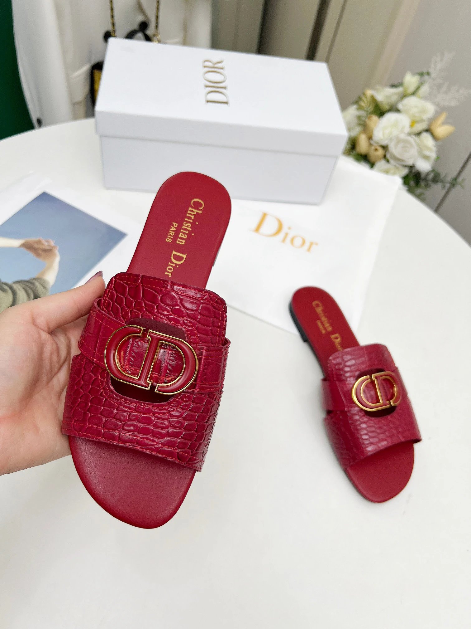 Dior Red Leather CD Logo Slides Women
