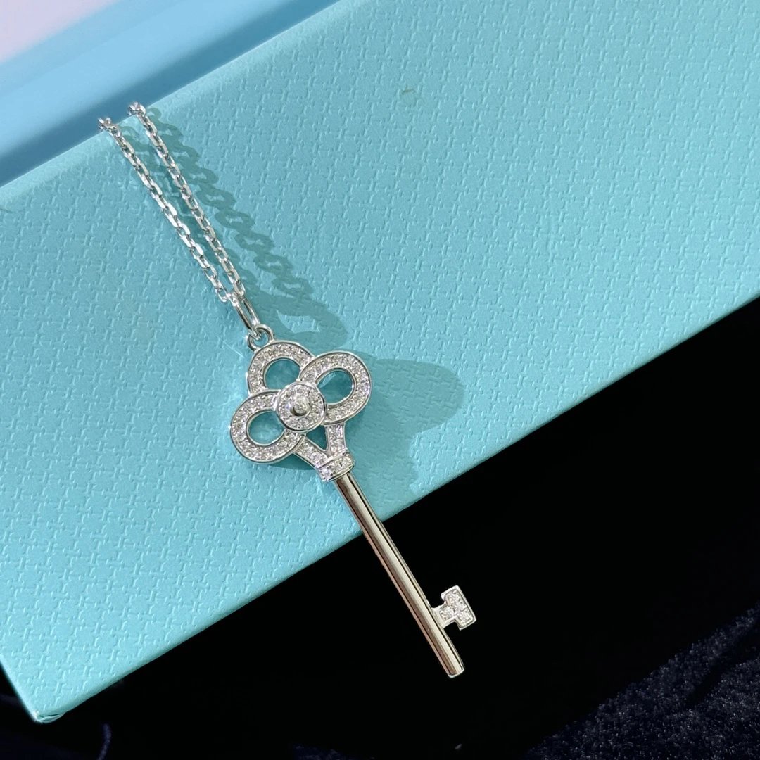 Tiffany Key Pendant Necklace Sterling Silver Crystals Women Gift