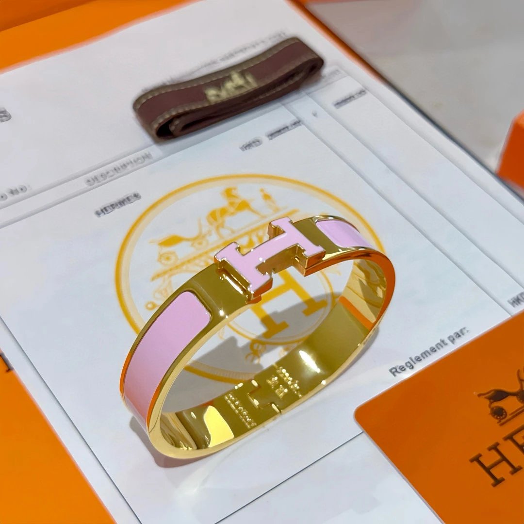 Hermes Pink Enamel H Bracelet Gold Plated Jewelry