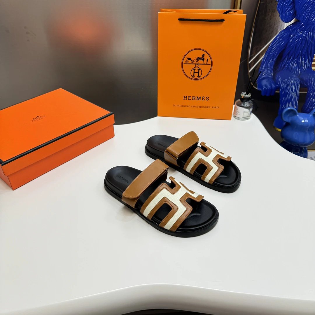 Hermes Men Leather H Slide Sandals Brown White