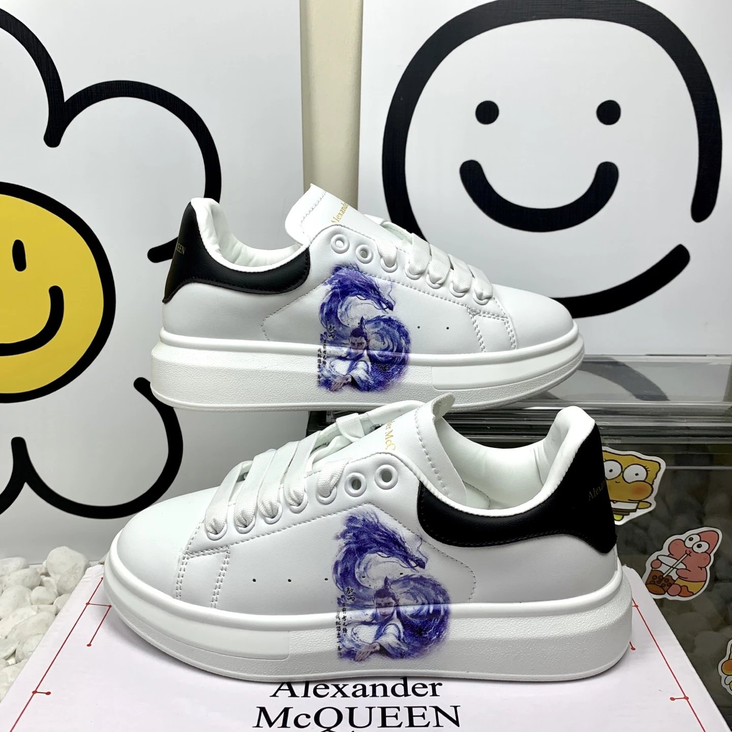 Alexander McQueen White Sneakers Blue Horse Print Shoes