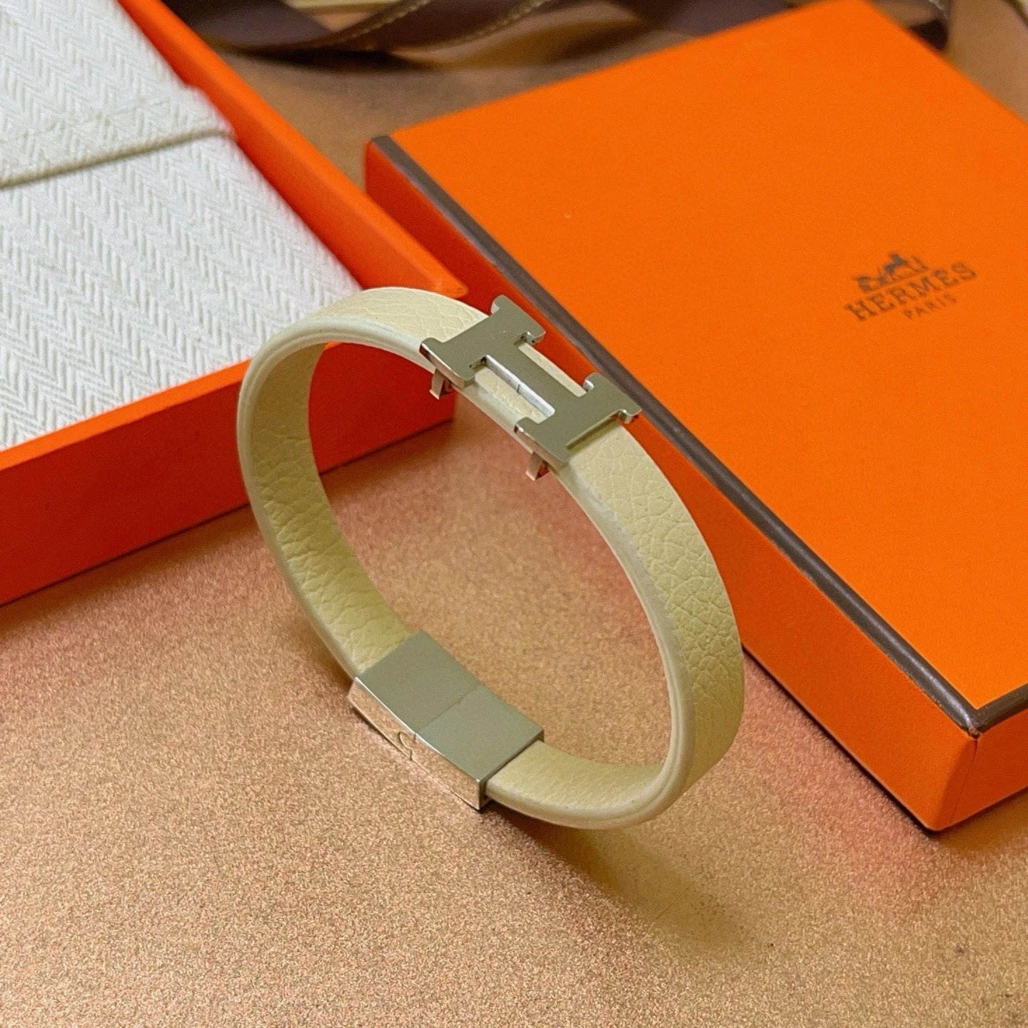 Hermes Cream Leather H Logo Bracelet