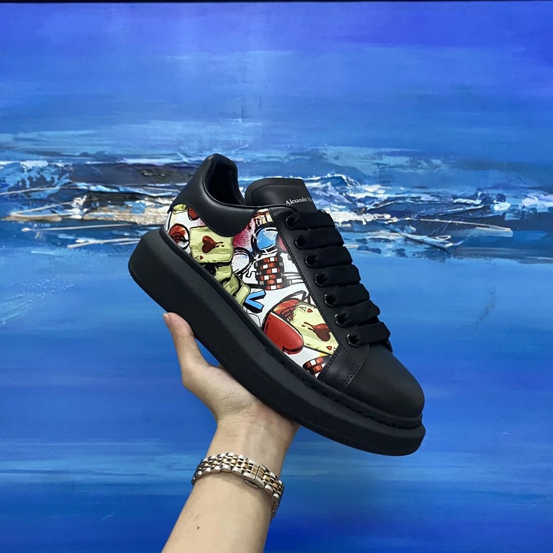 Alexander McQueen Black Graffiti Leather Sneakers Shoes