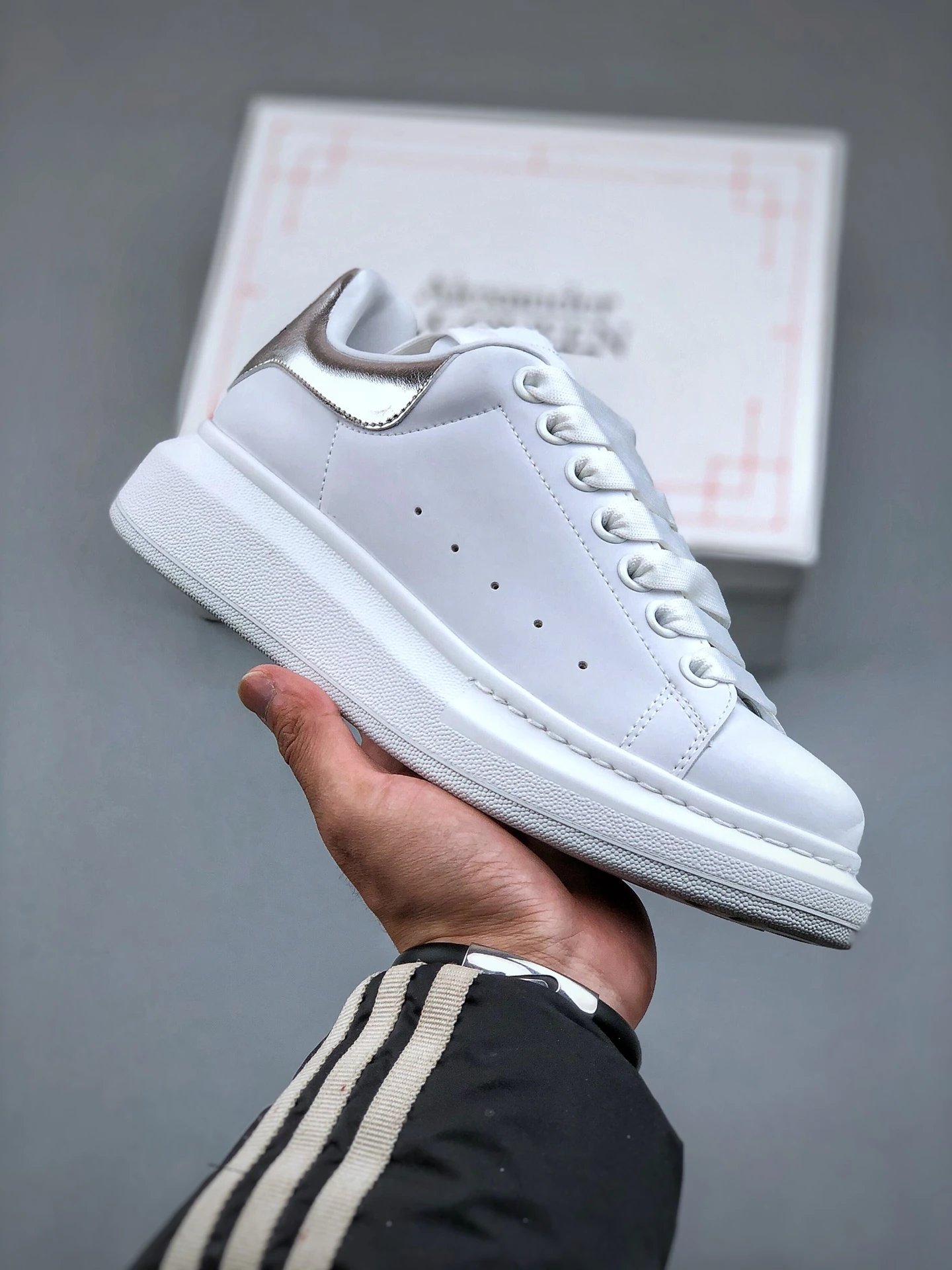 Alexander McQueen White Leather Metallic Heel Sneakers