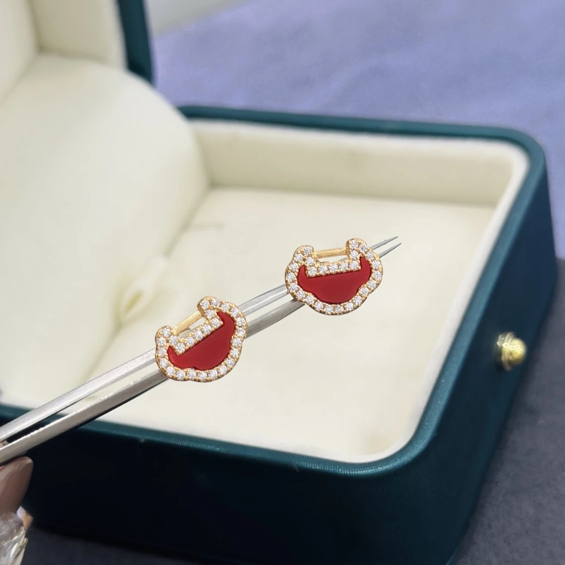 Qeelin Red Enamel Diamond Gold Stud Earrings