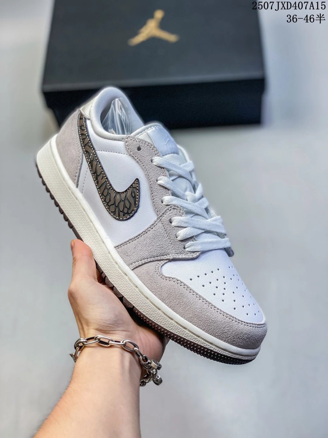 Air Jordan Low White Gray Patterned Swoosh Sneakers  