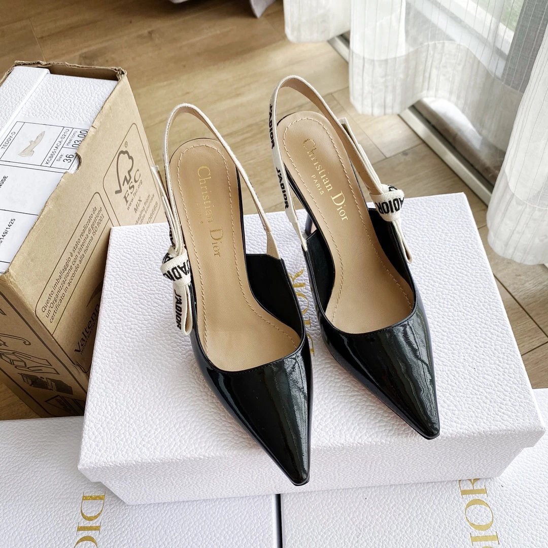 Dior Women Slingback Pumps Black Patent Leather Heels