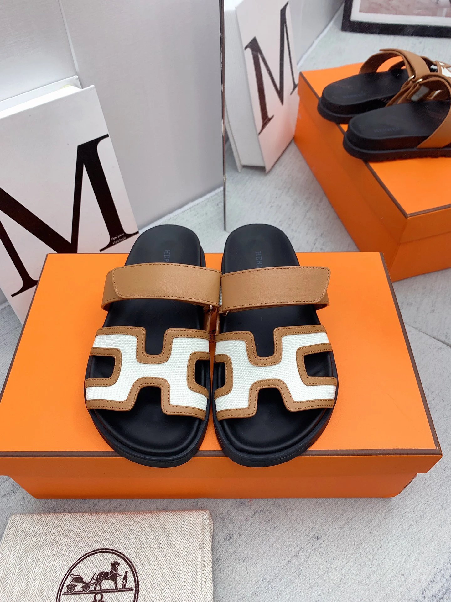 Hermes H Cut Leather Canvas Slide Sandals