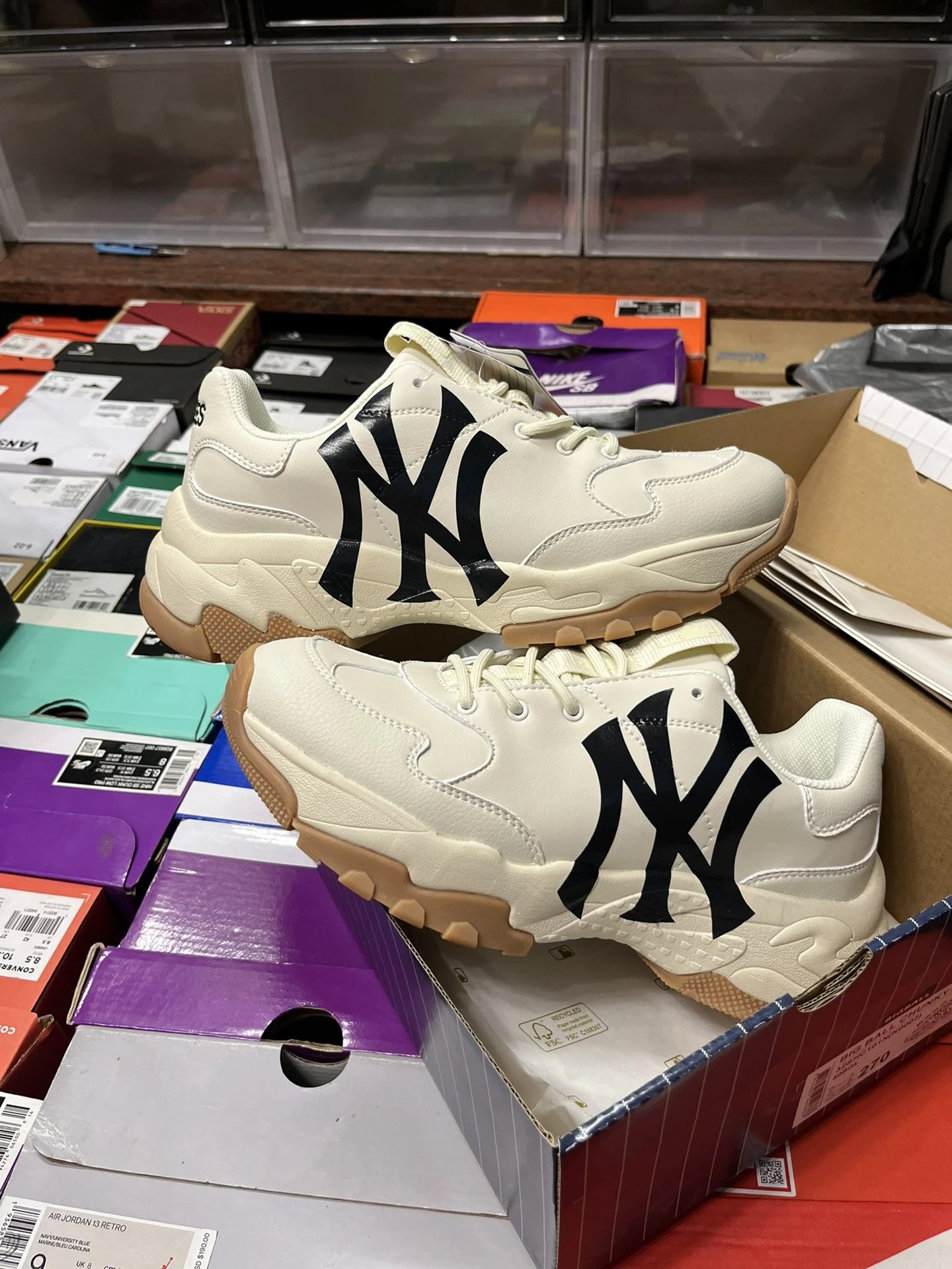 MLB Chunky Sneakers Cream Beige NY Logo Shoes