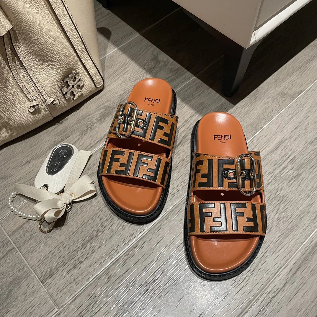 Fendi FF Logo Leather Slides Orange Black Sandals