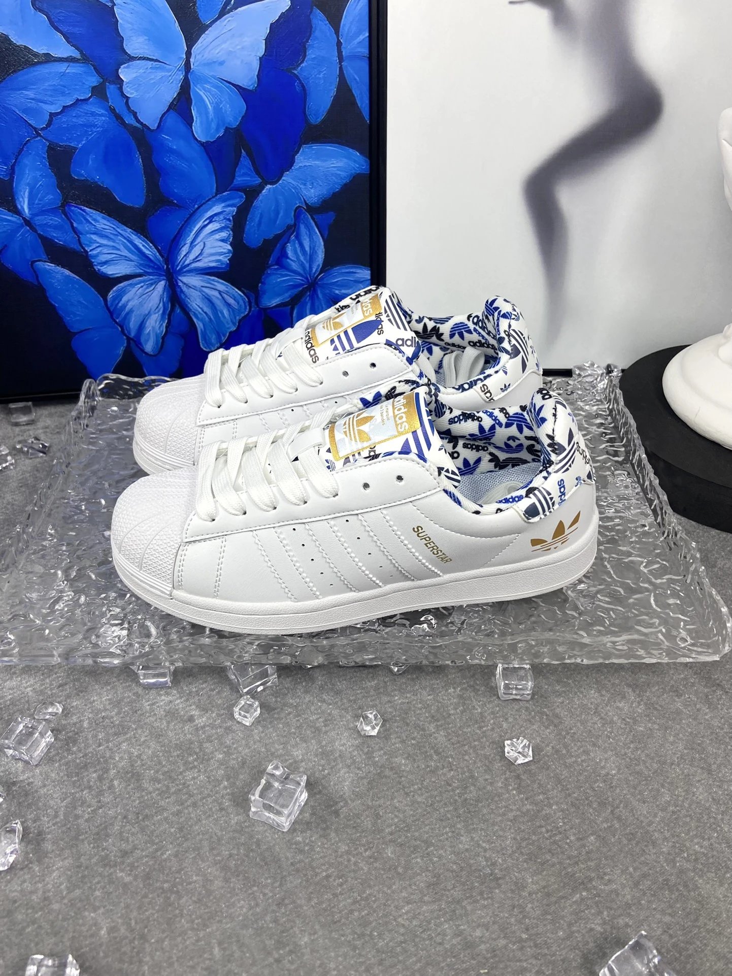 Adidas Superstar White Blue Floral Shell Toe Sneakers