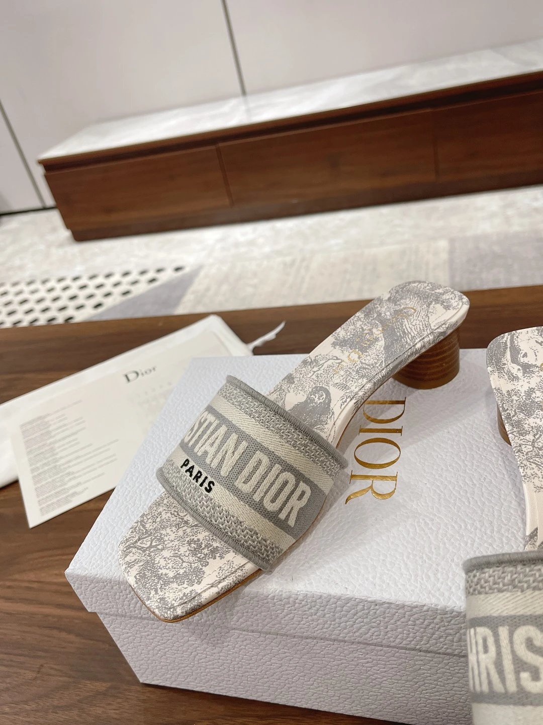 Prada Women Gray Slide Sandals Wood Heel Summer Shoes