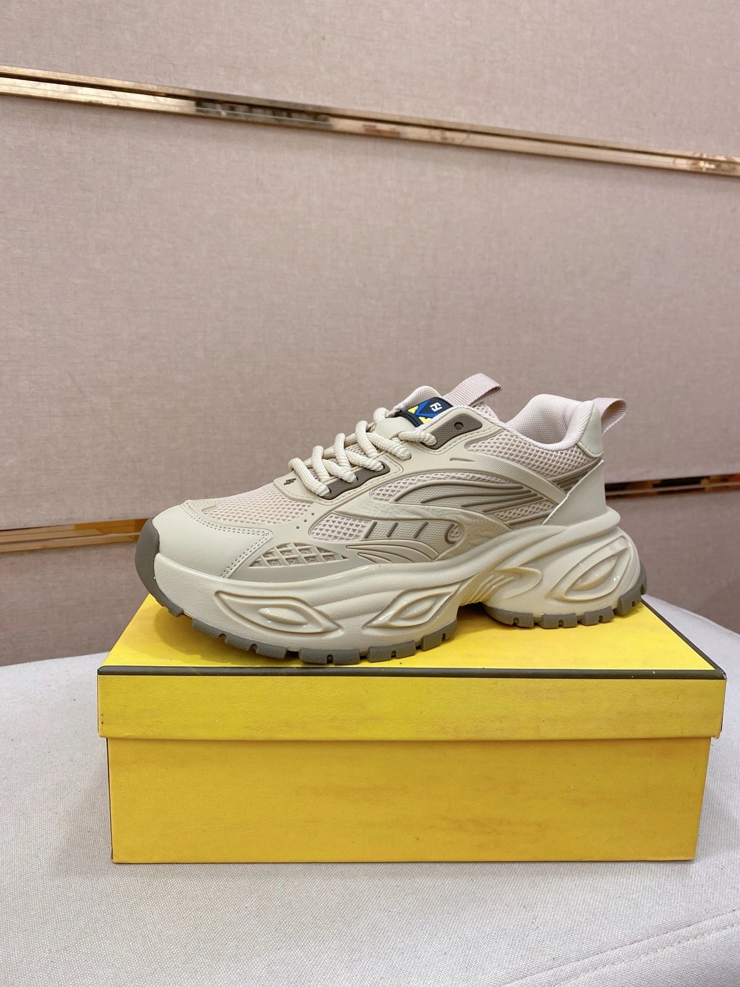 Fendi Beige Chunky Mesh Leather Sneakers