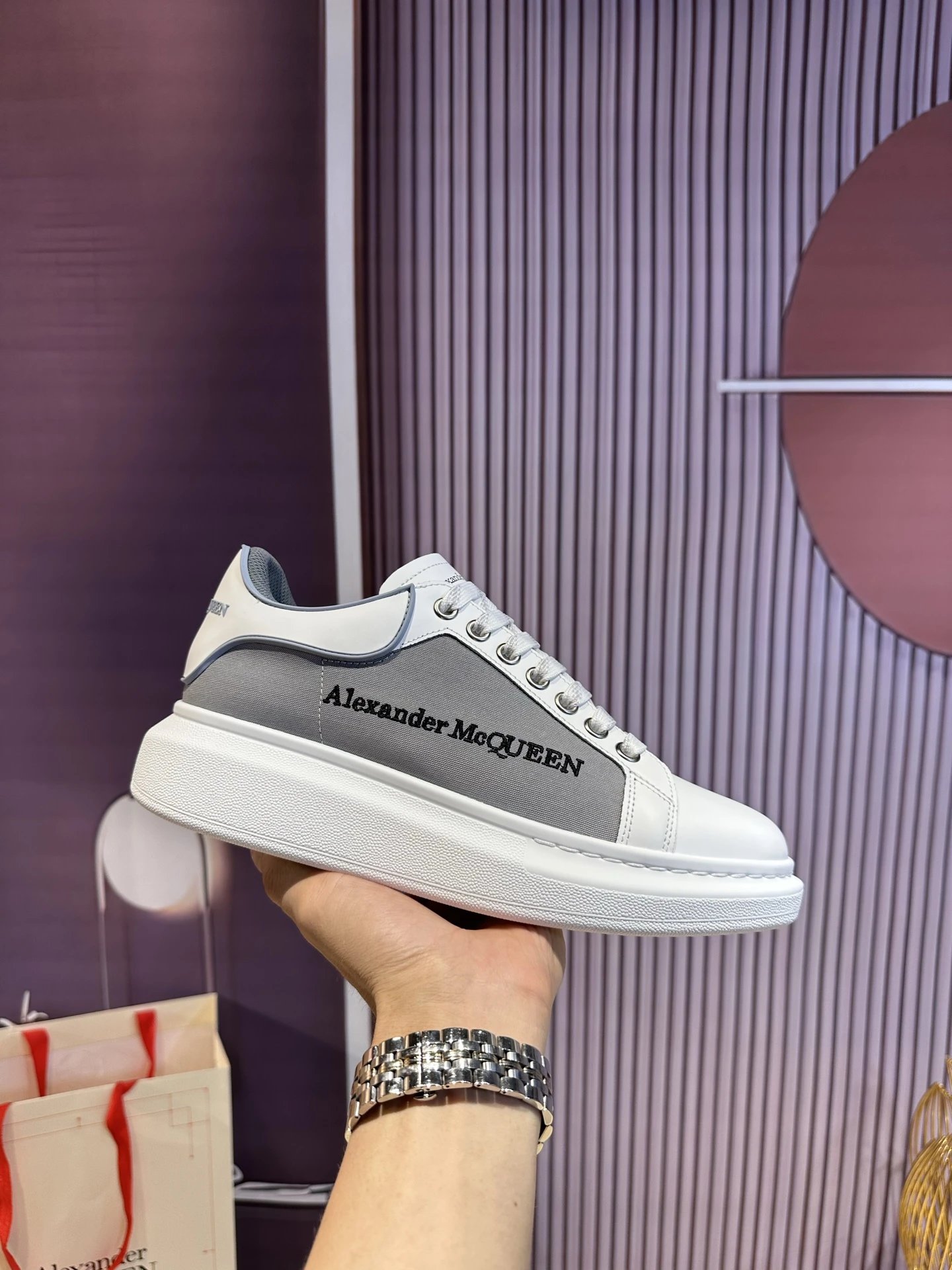 Alexander McQueen White Gray Leather Oversized Sneakers