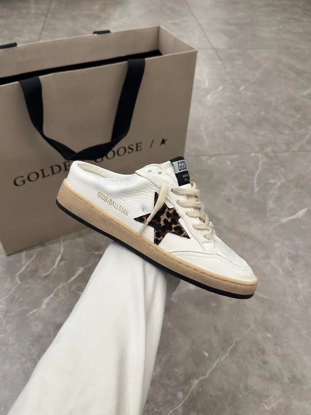 Golden Goose White Leather Slip-On Leopard Star Sneakers