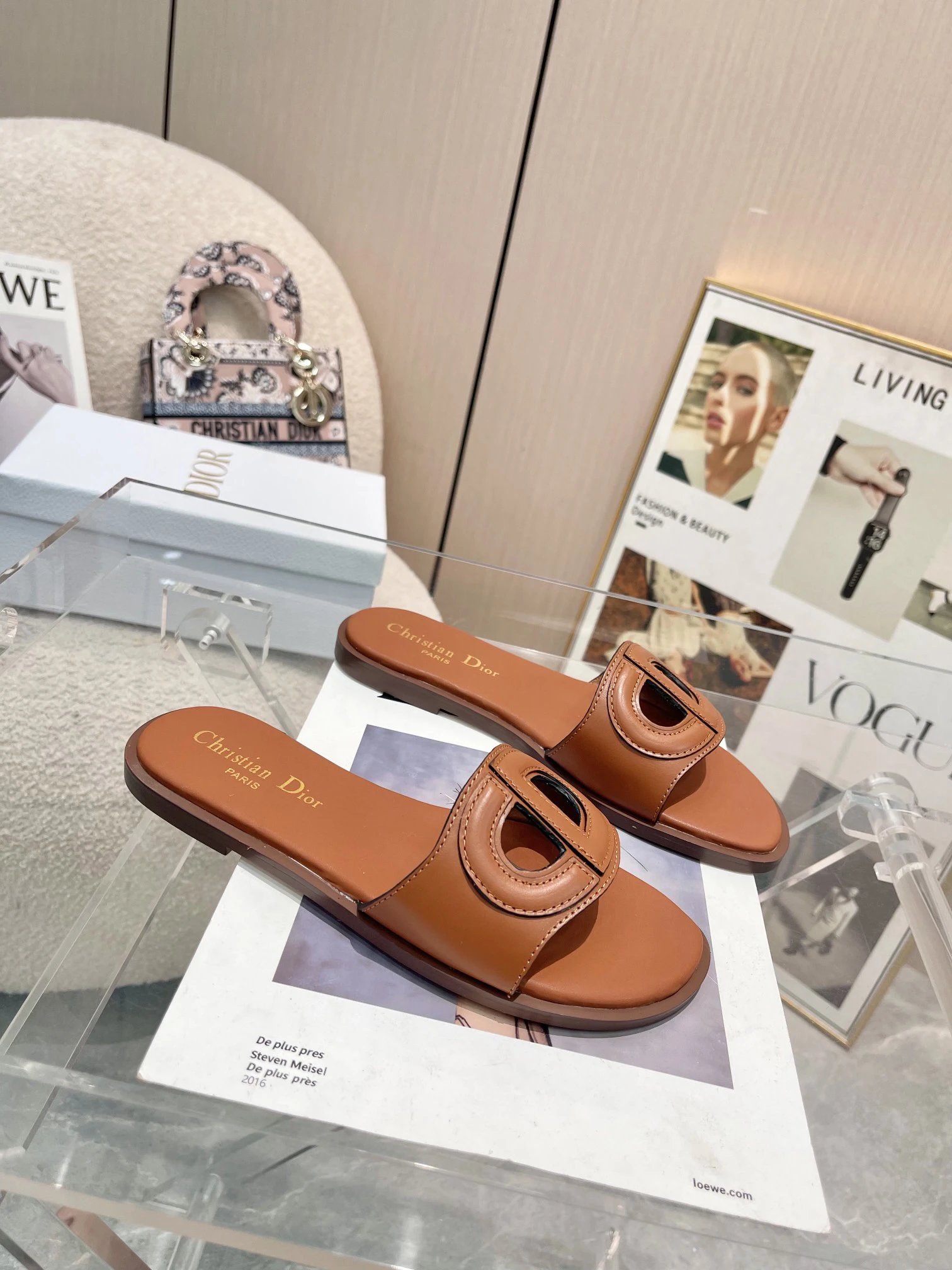 Christian Dior Brown Leather Slide Sandals Women Luxury Flats