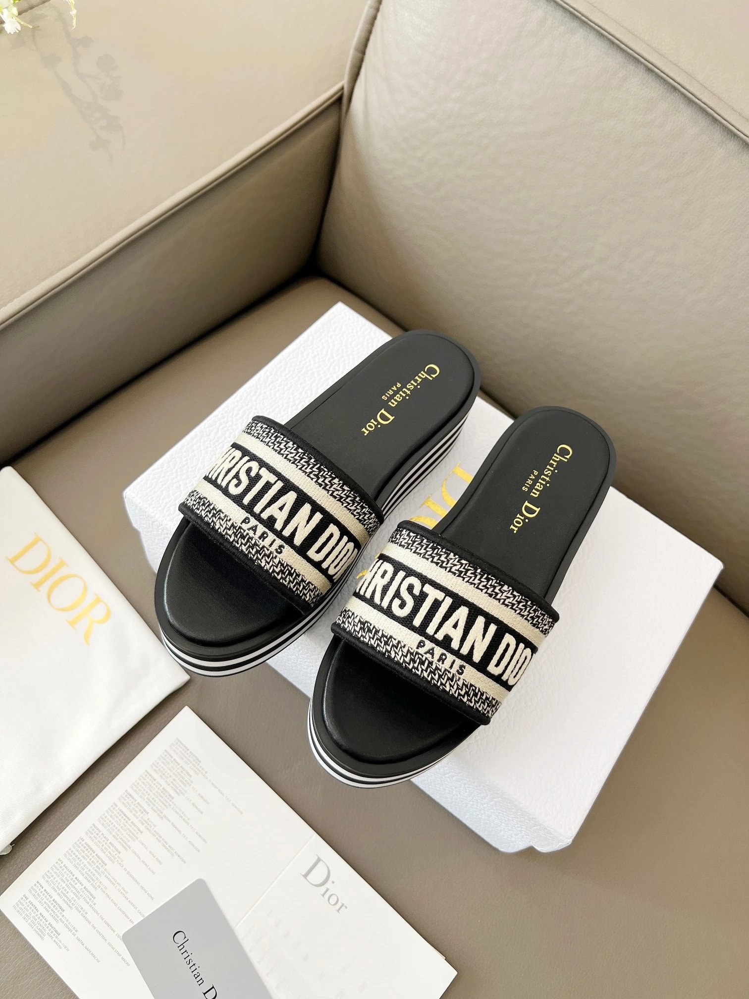 Dior Women Slides Black Beige Luxury Logo Sandals