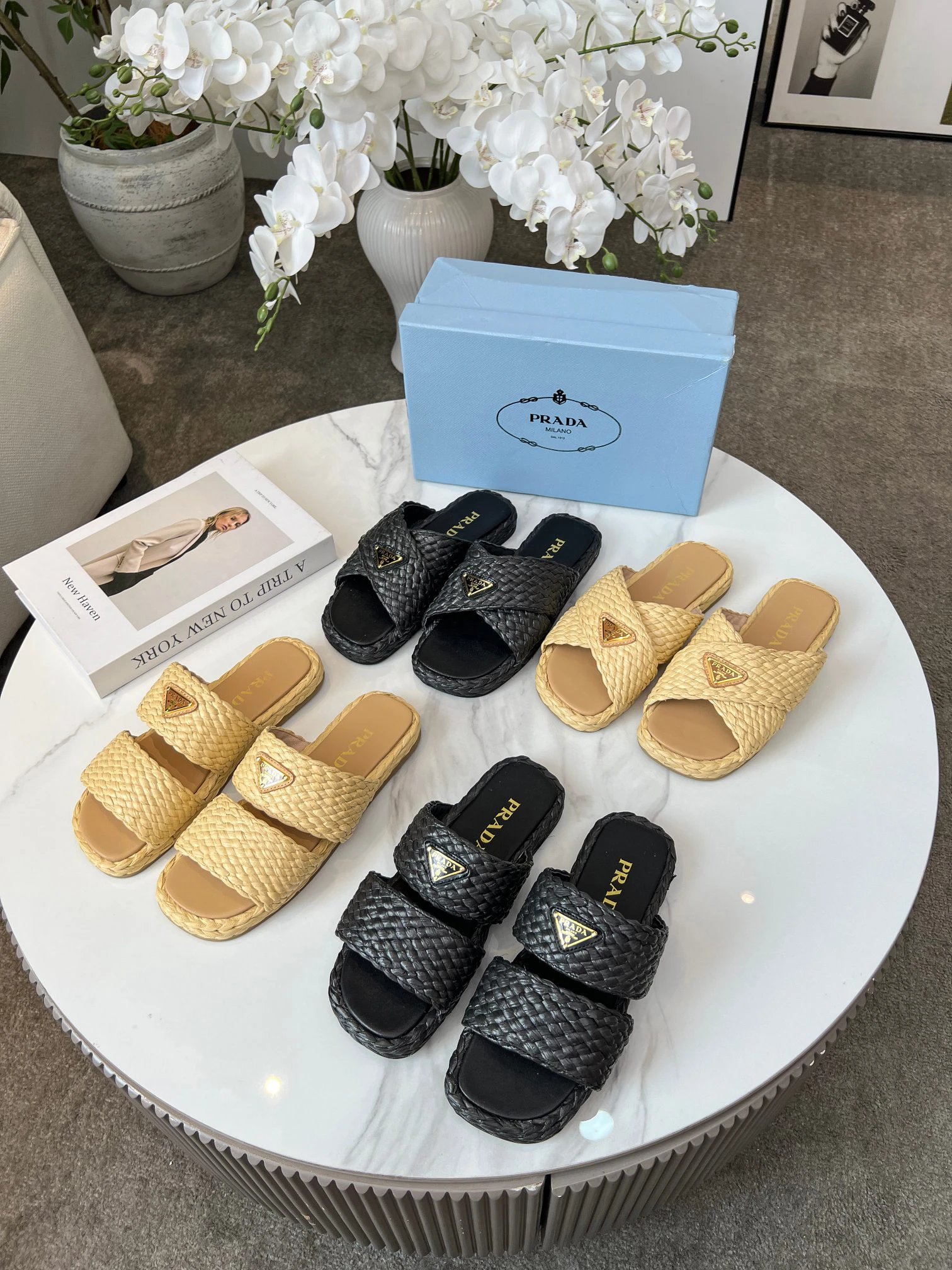 Prada Women Woven Slide Sandals Summer Beach Slippers