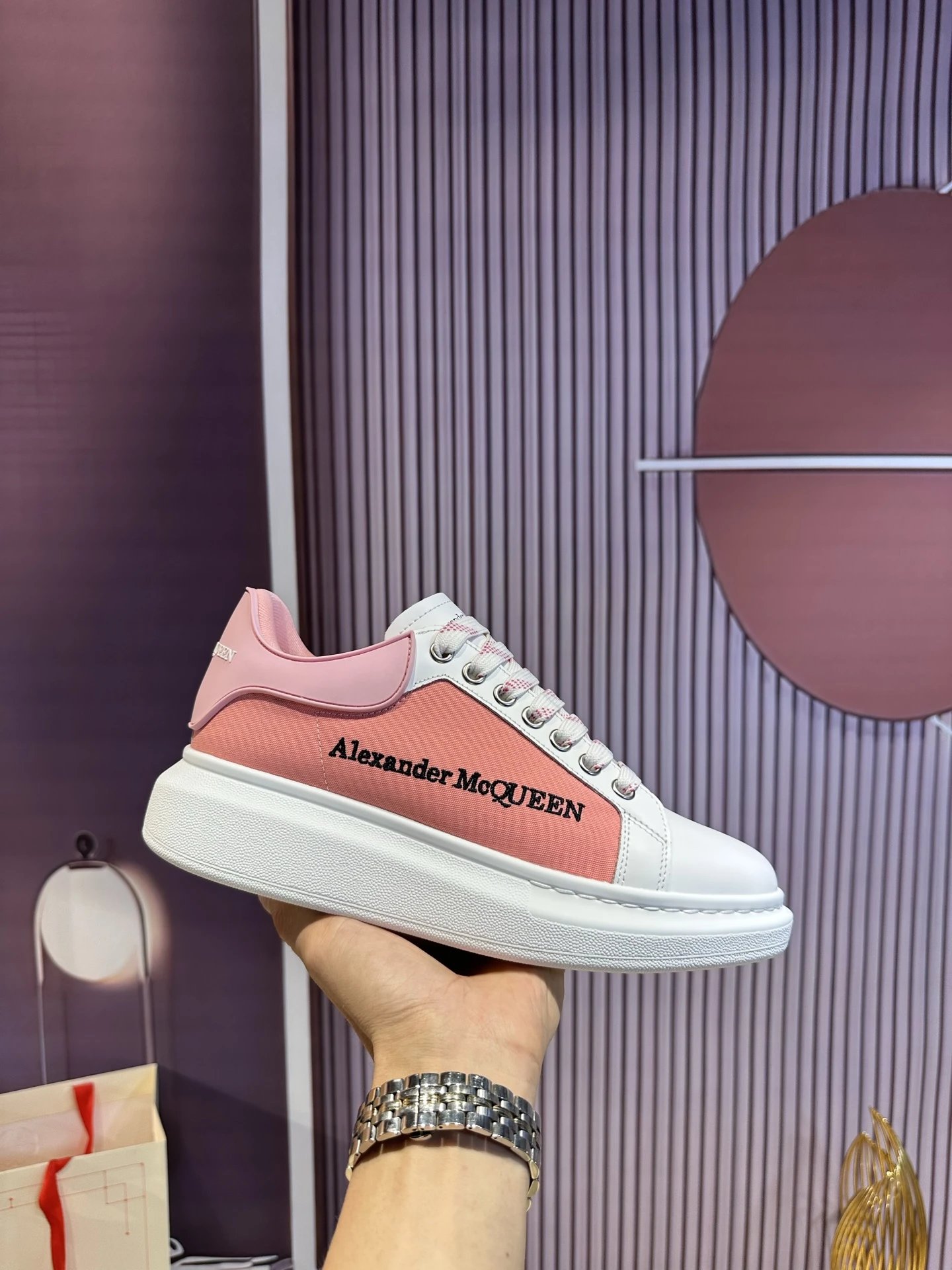 Alexander McQueen Pink White Platform Leather Sneakers