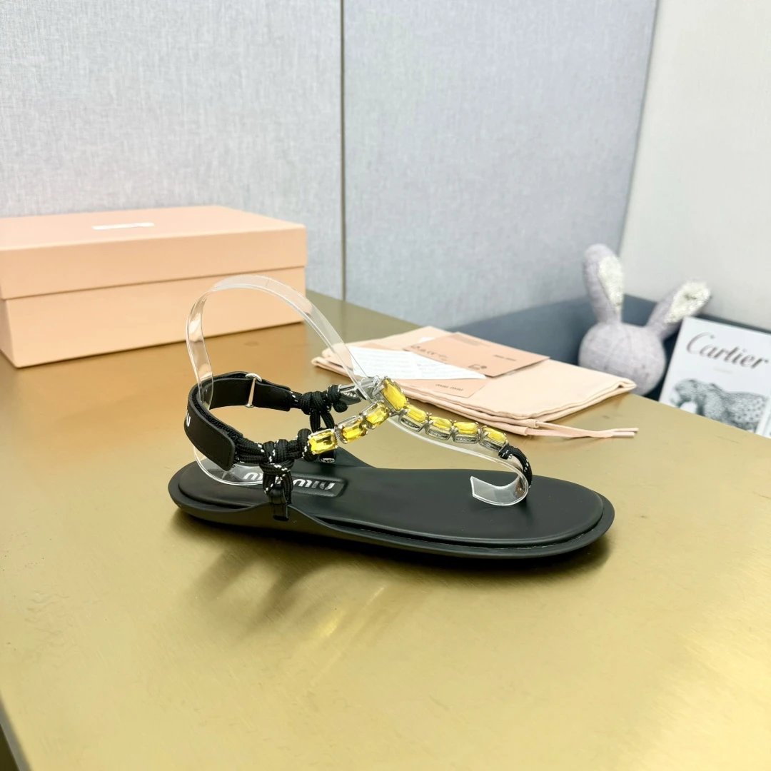 Miu Miu Black Crystal Flat Sandals Women Summer Shoes