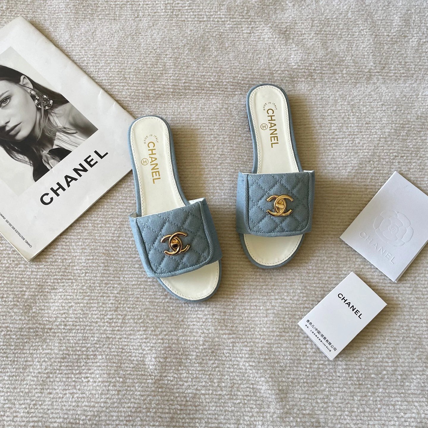 Chanel Blue Quilted Denim Slides Women Sandals