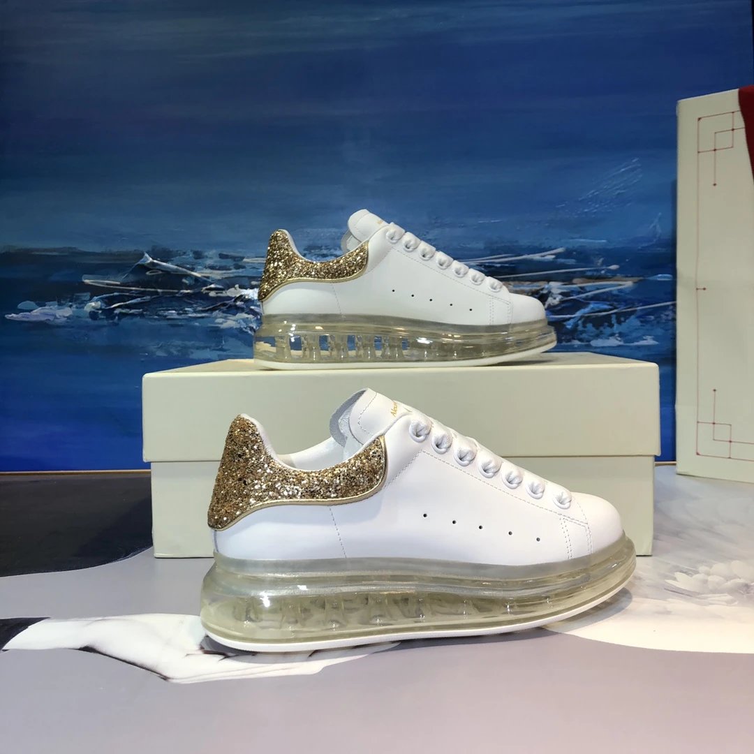 Alexander McQueen White Gold Glitter Heel Sneakers