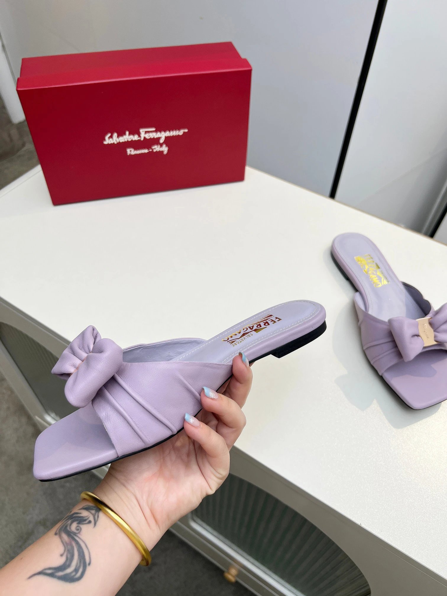 Ferragamo Women Lilac Leather Knot Slide Sandals  