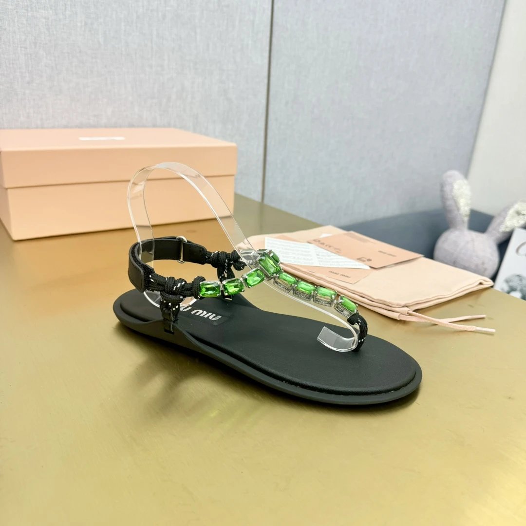 Miu Miu Black Crystal Flat Sandals Women