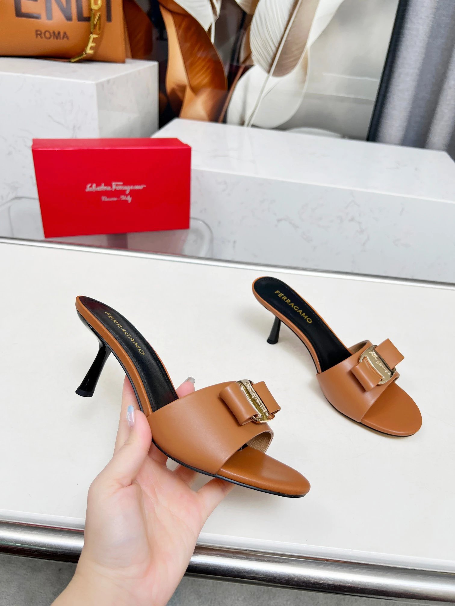 Ferragamo Women Leather Bow Mule Sandals Open Toe Heels