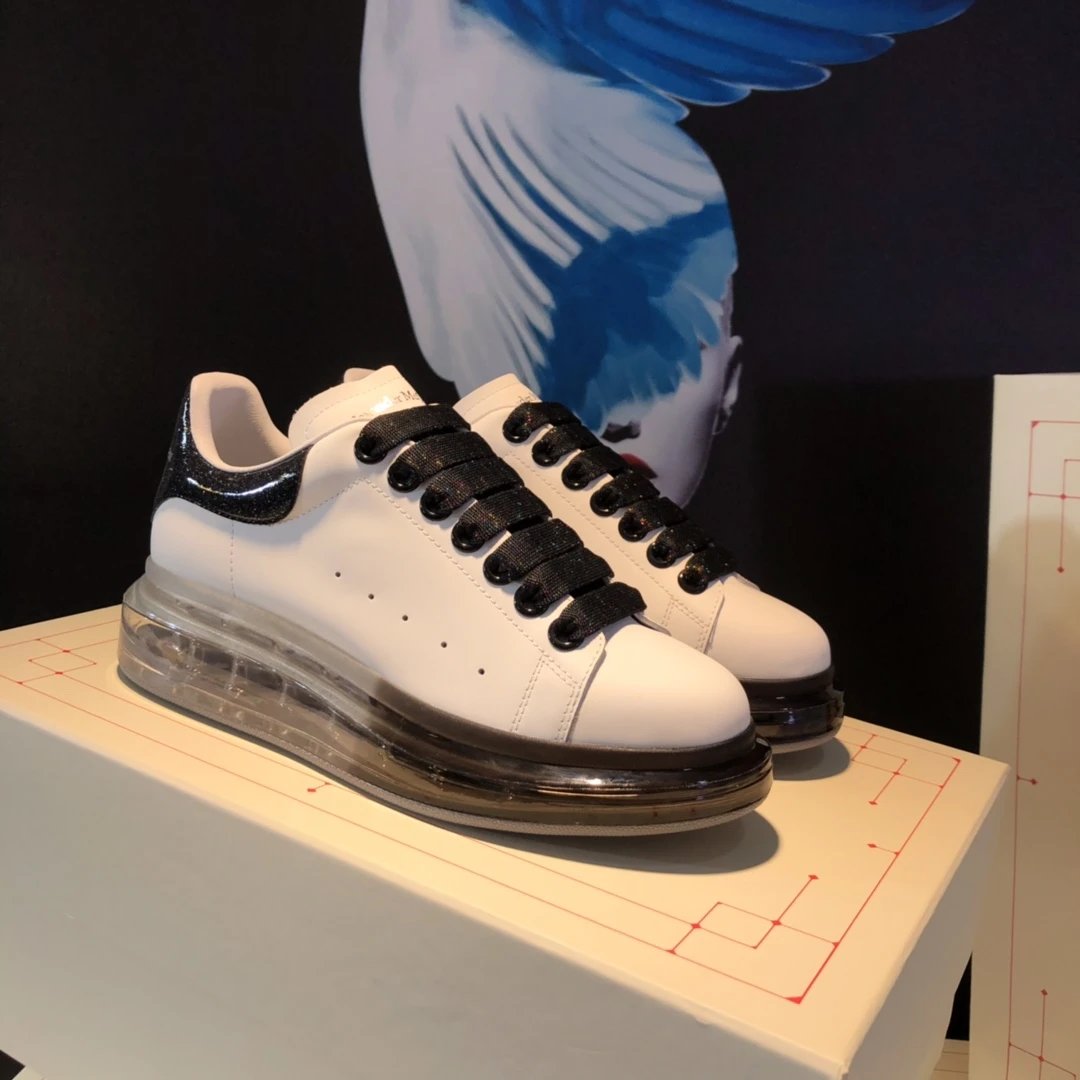 Alexander McQueen White Leather Glitter Heel Sneakers