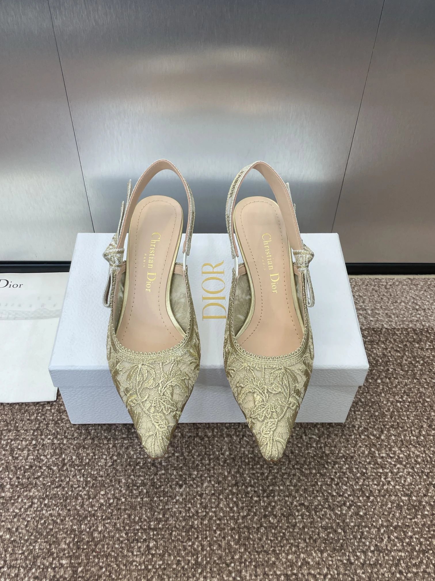 Dior Gold Embroidered Slingback Heels Women Wedding Shoes