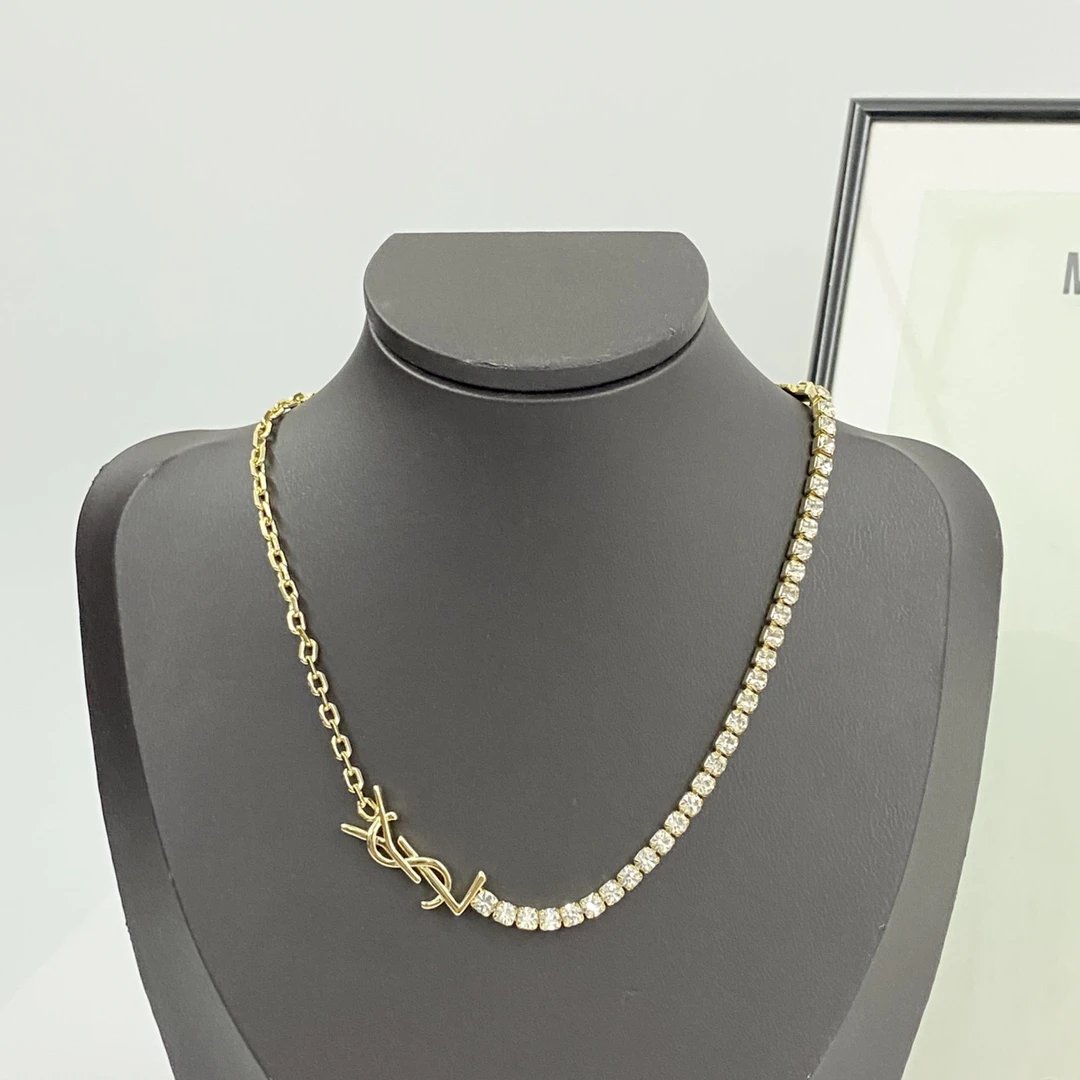 Saint Laurent Crystal Gold YSL Logo Chain Necklace