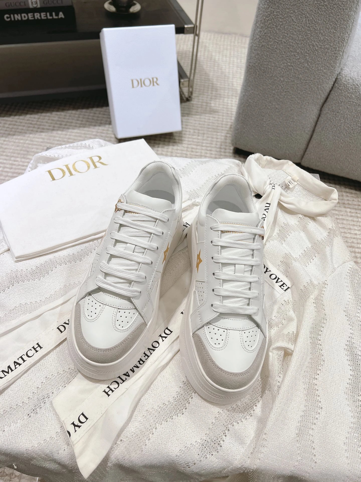 Dior White Leather Sneakers Gold Star Thick Sole Shoes