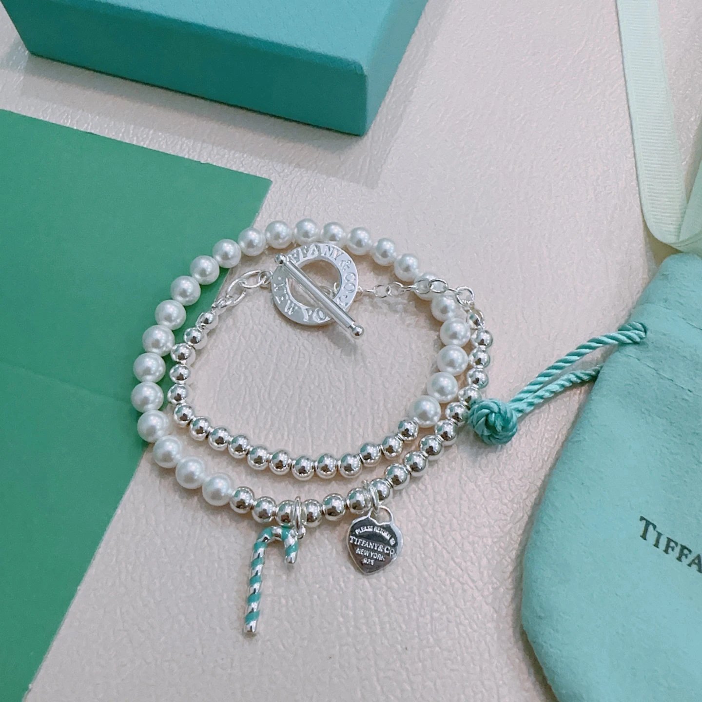 Tiffany Silver Pearl Heart Tag Candy Cane Bracelet