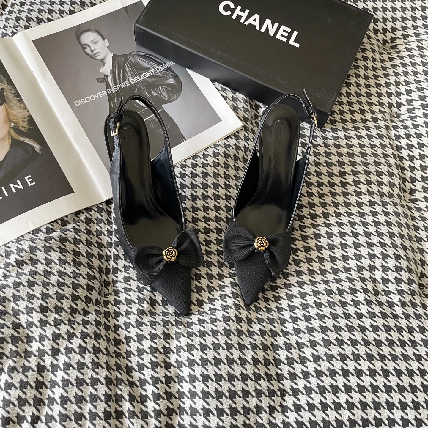 Chanel Black Slingback Heels Bow Gold Rose Shoes
