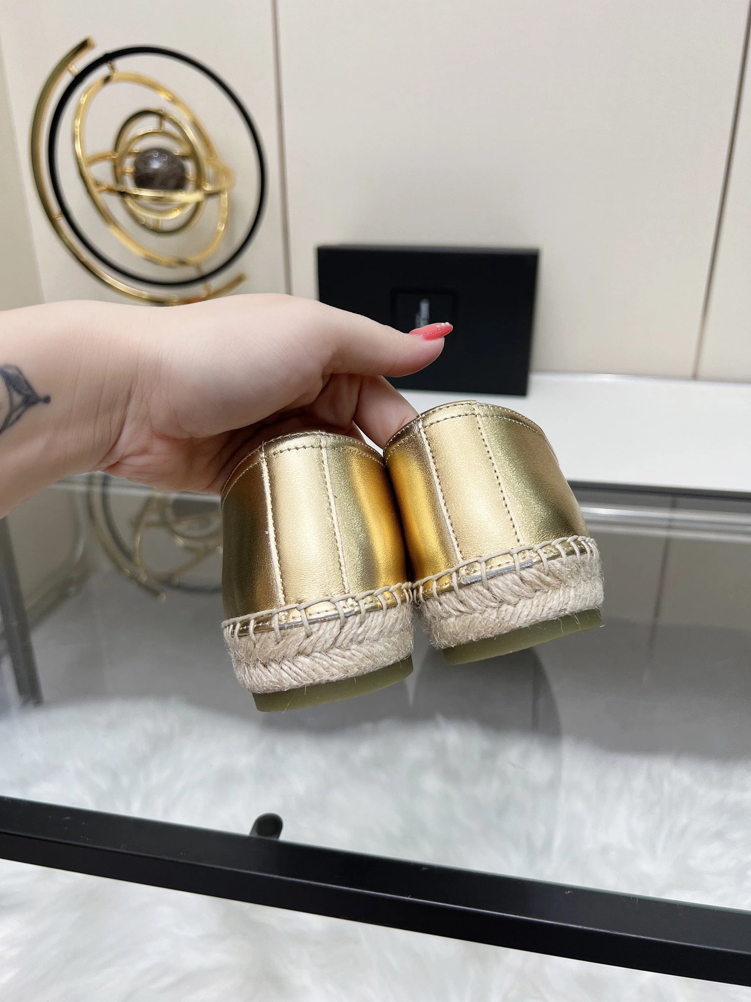 Saint Laurent Gold Leather Women’s Espadrilles Shoes