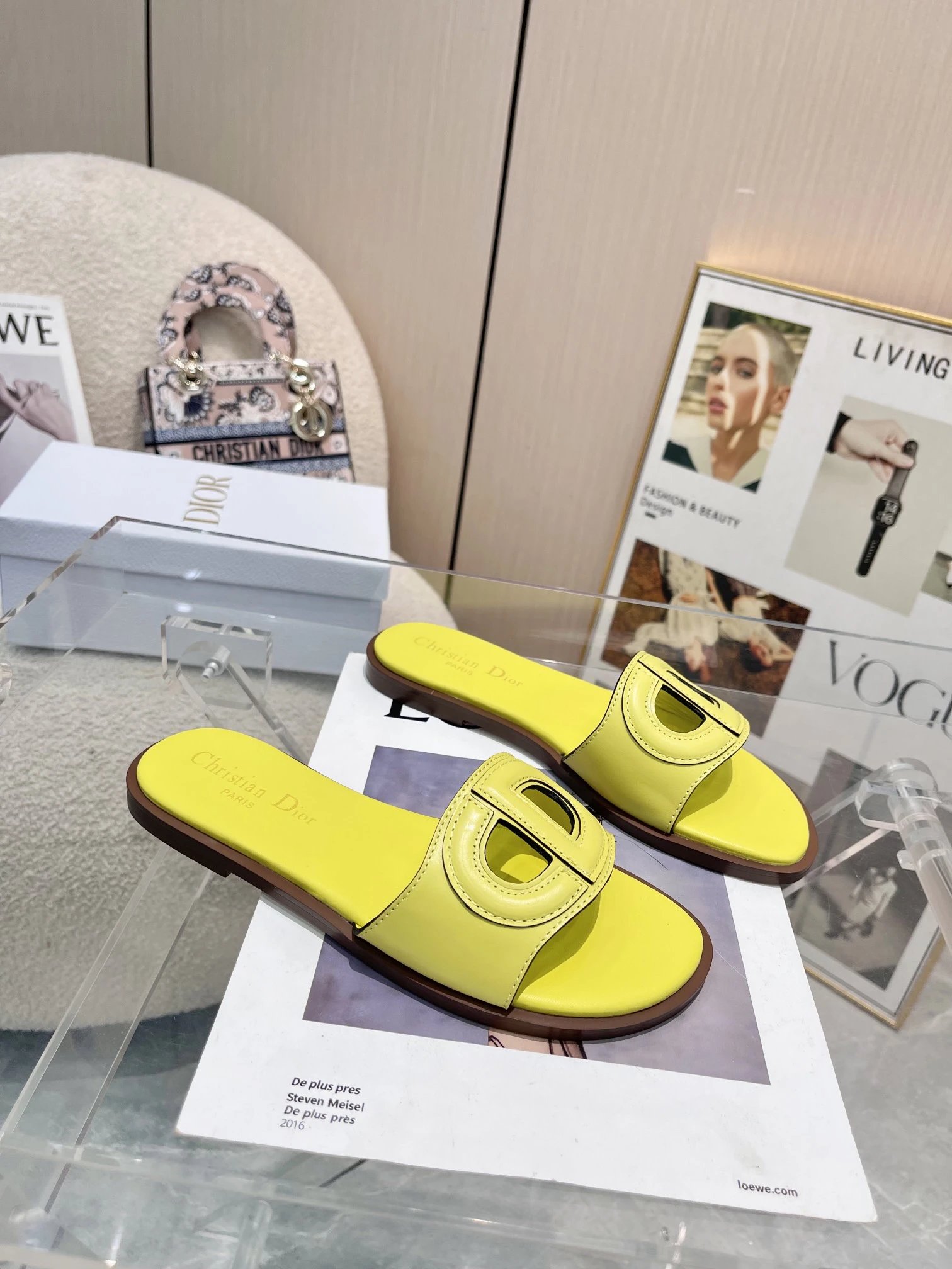 Dior Women Yellow Leather Slide Sandals Summer Flats