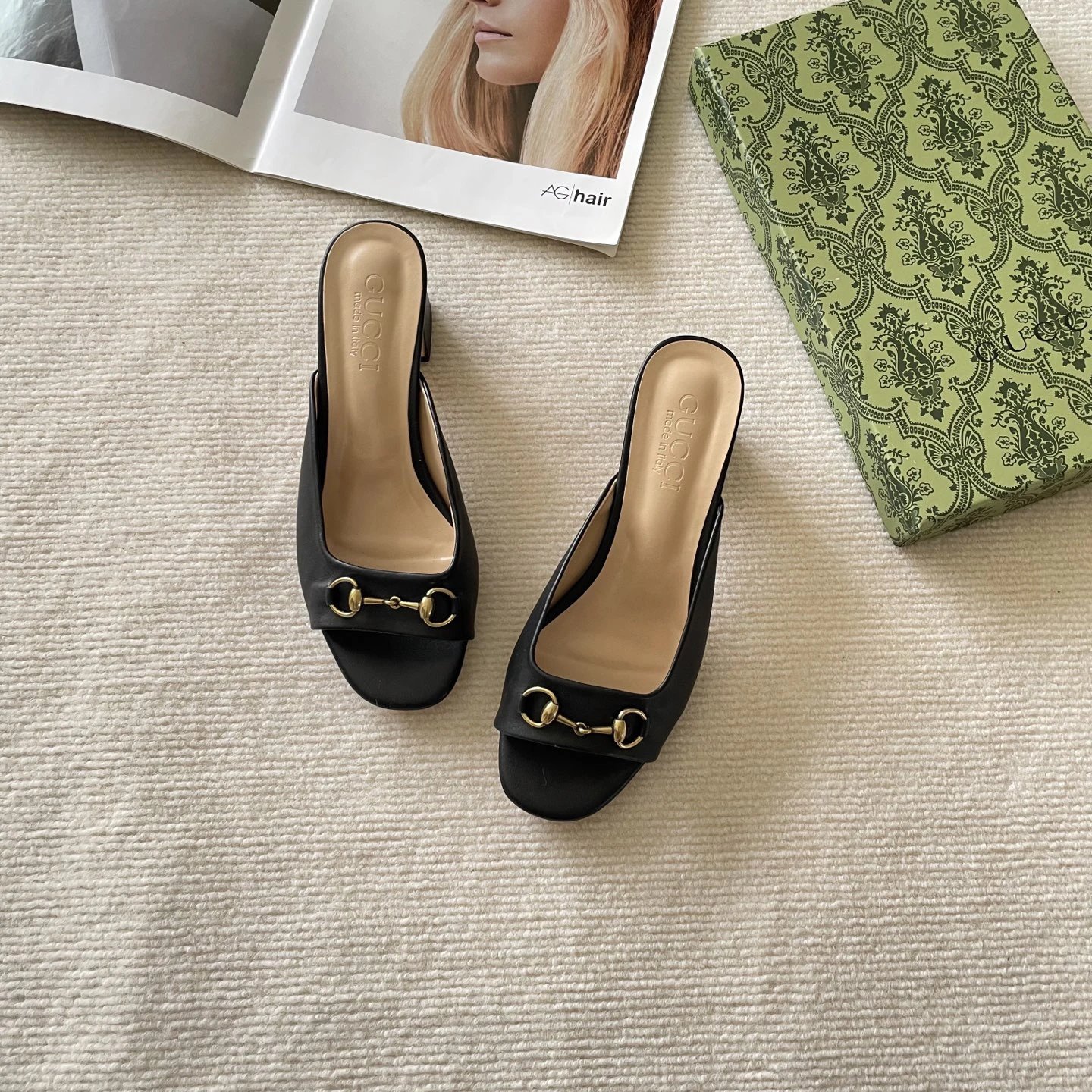 Gucci Black Leather Horsebit Open Toe Slide Heels