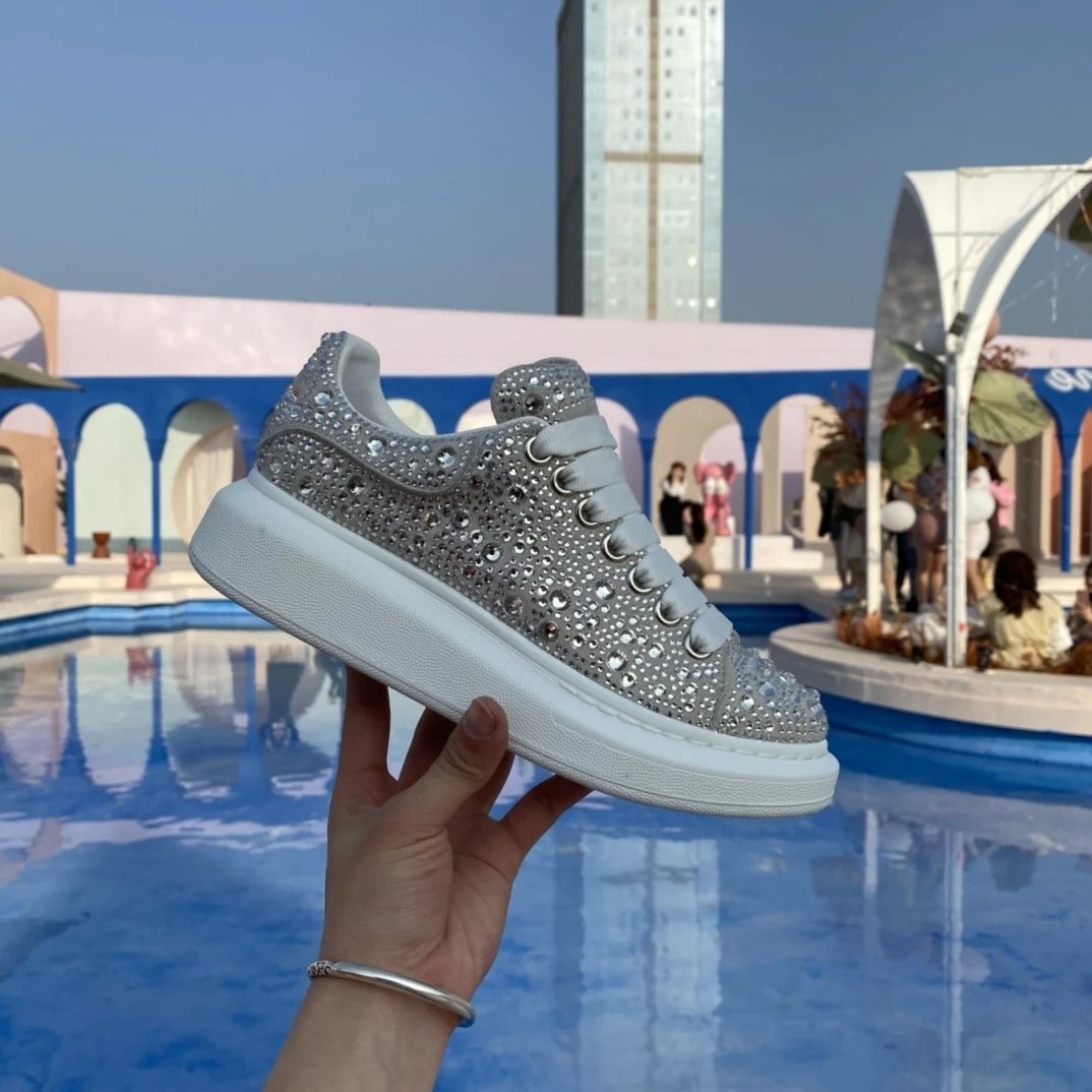 Alexander McQueen Crystal Rhinestone White Leather Sneakers