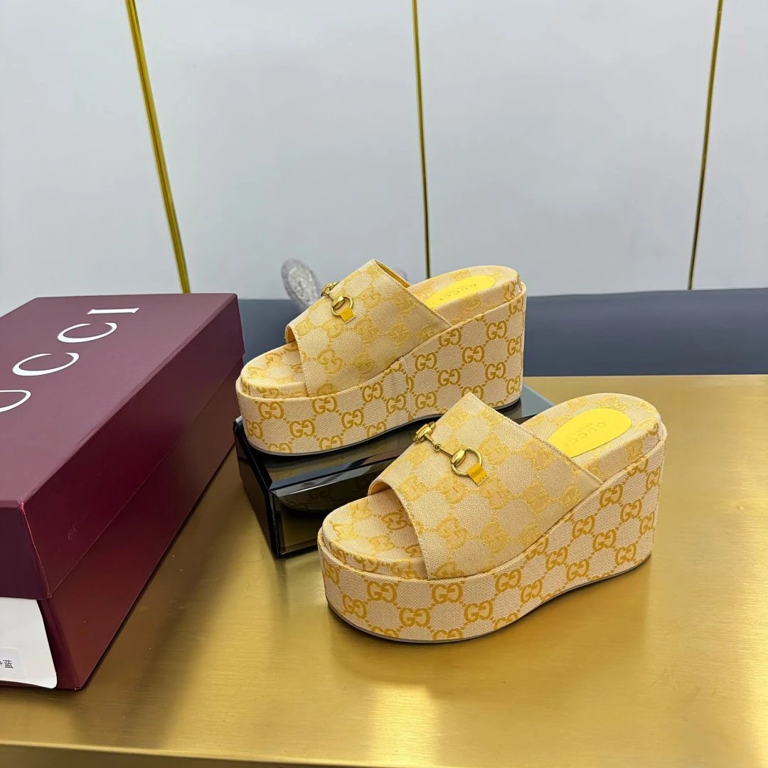 Gucci Women Platform Sandals GG Canvas Wedge Shoes