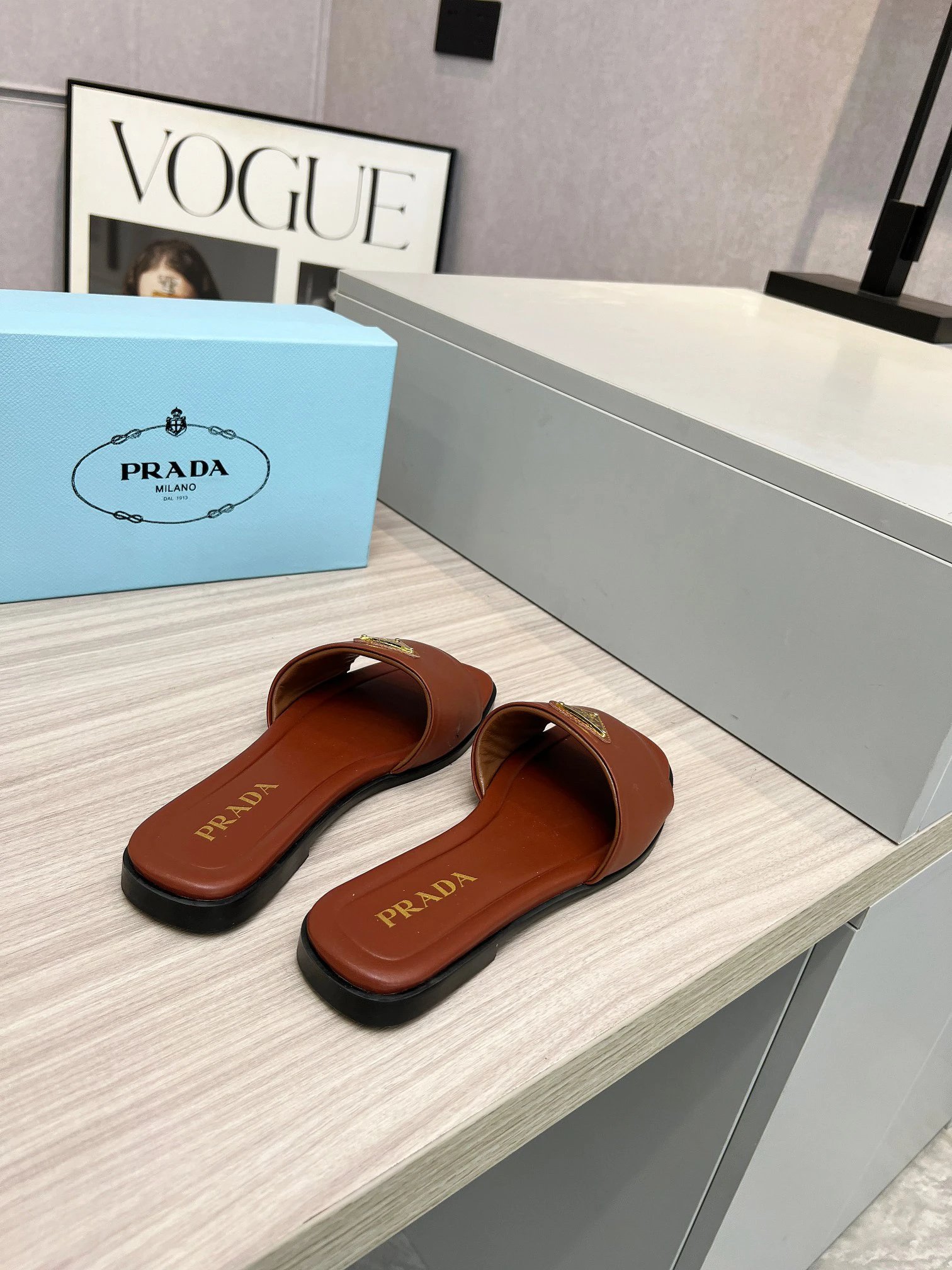 Prada Women Leather Slide Sandals Summer Flats