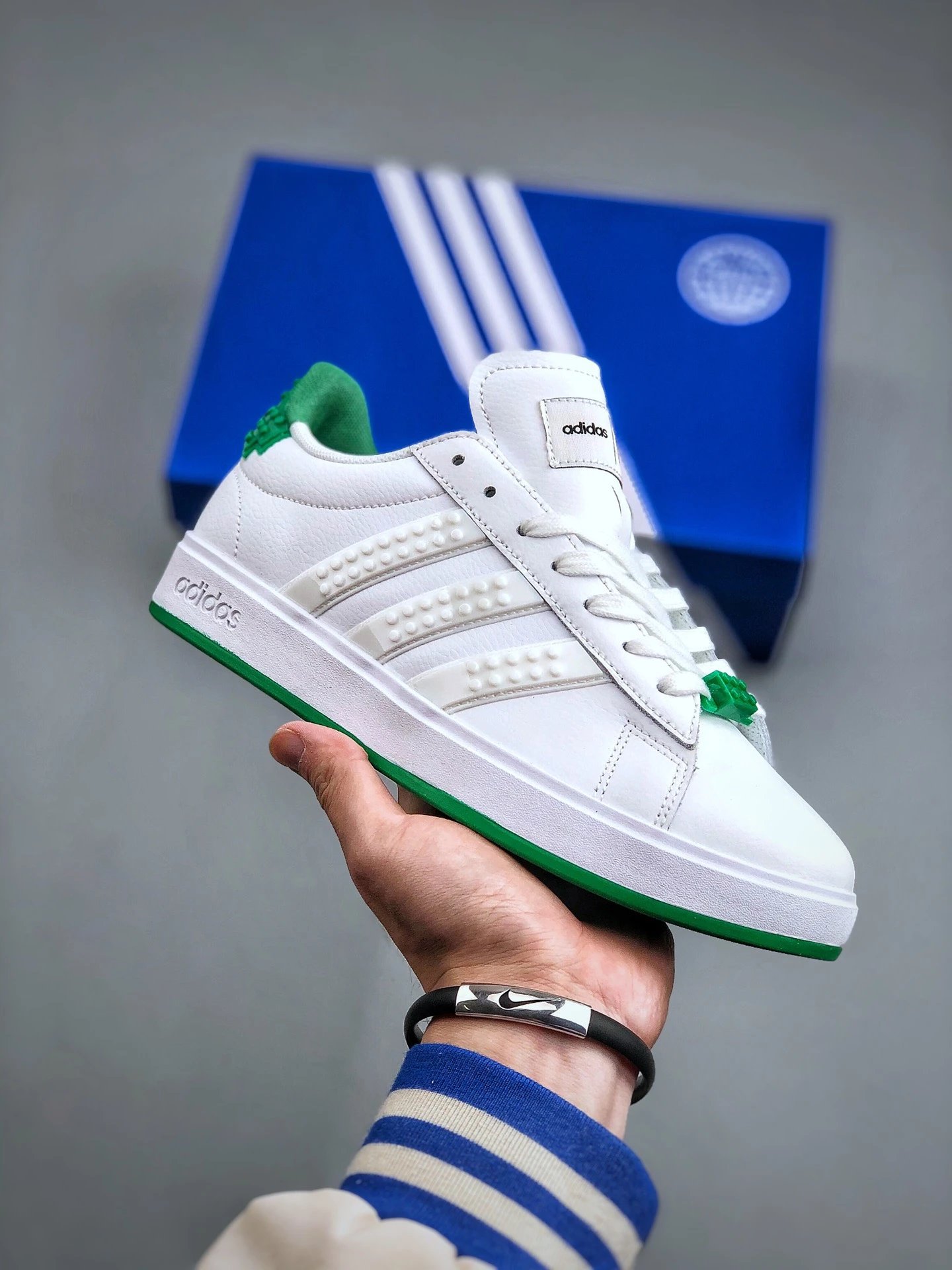 Adidas White Green Leather Casual Sneakers 3-Stripes Shoes