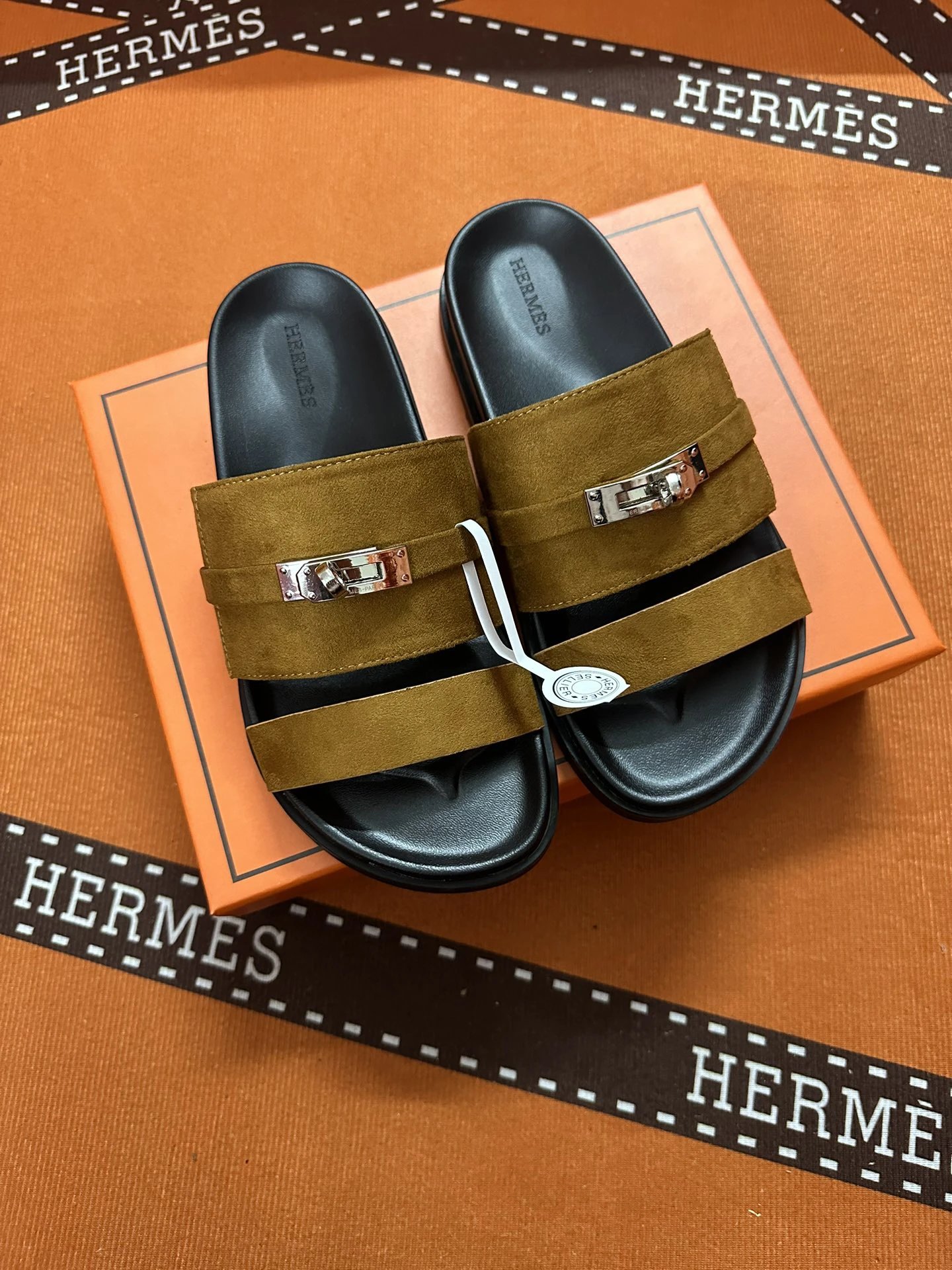 Hermes Men Suede Leather Slides Buckle Luxury Sandals