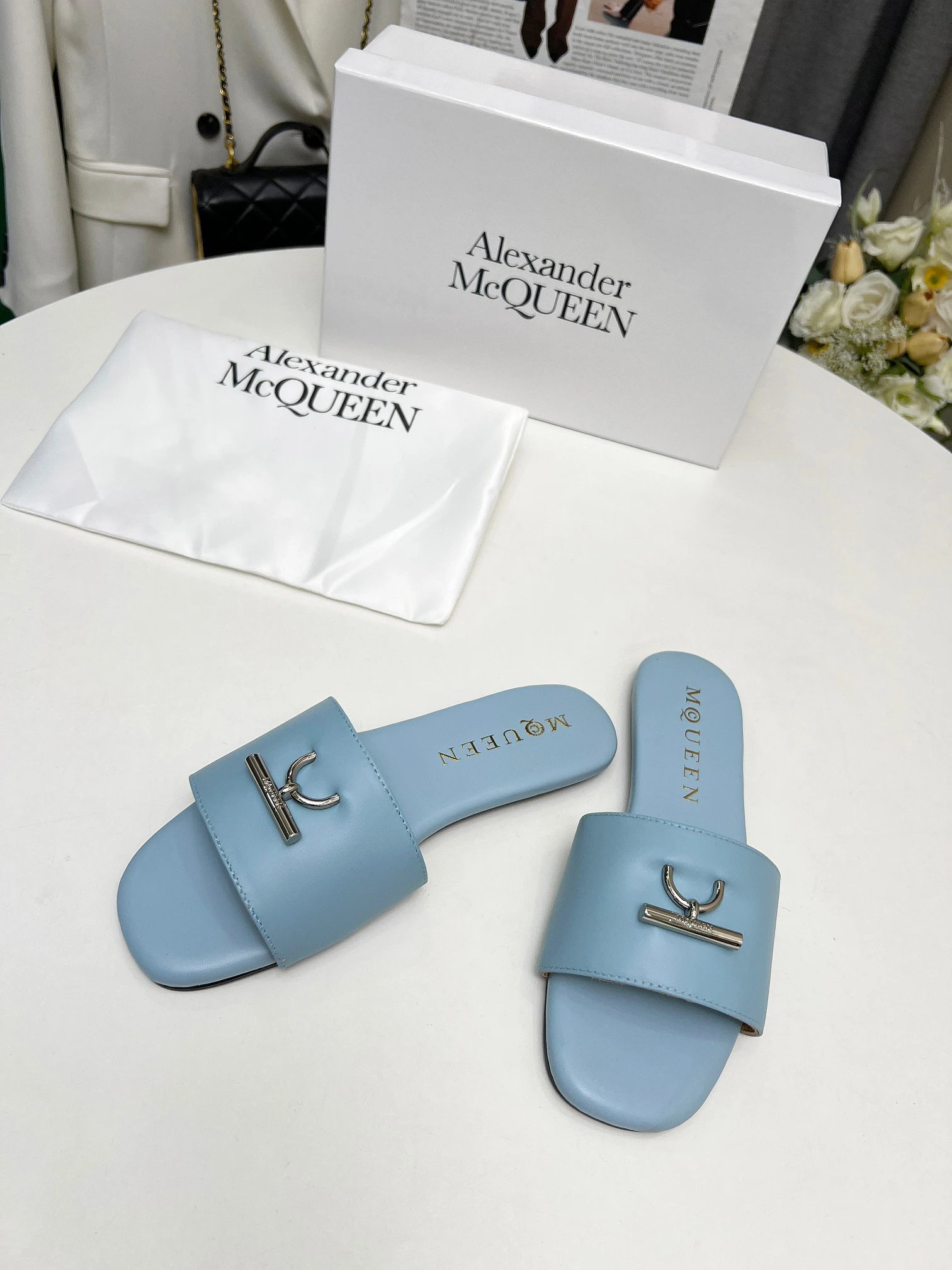 Alexander McQueen Blue Leather Slide Sandals Women