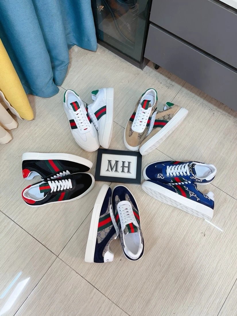 Gucci Classic Web Stripe Leather Canvas Sneakers