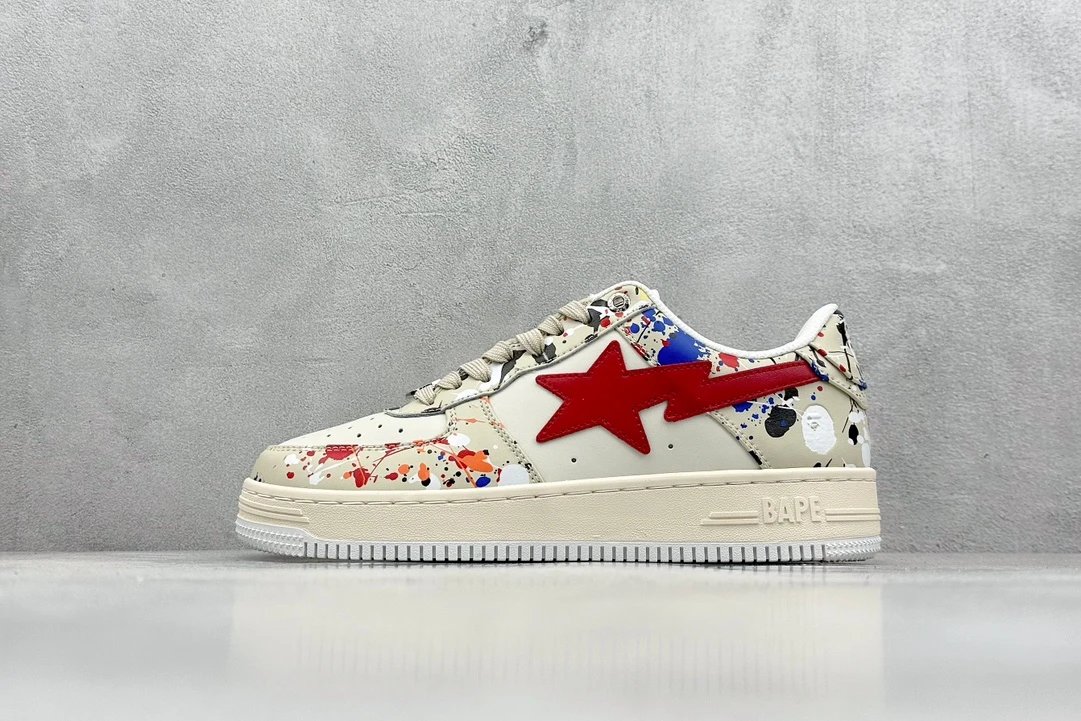 BAPE Paint Splatter Red Star Leather Low Top Sneakers