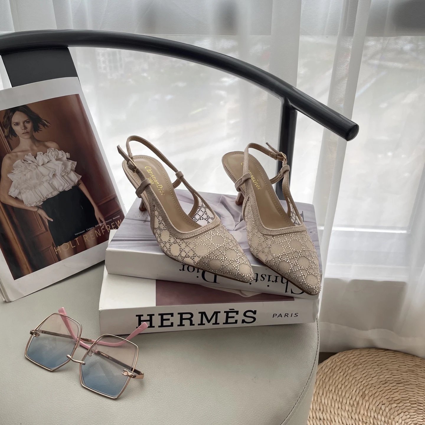 Dior Lace Slingback Heels Women Elegant Pointed Toe